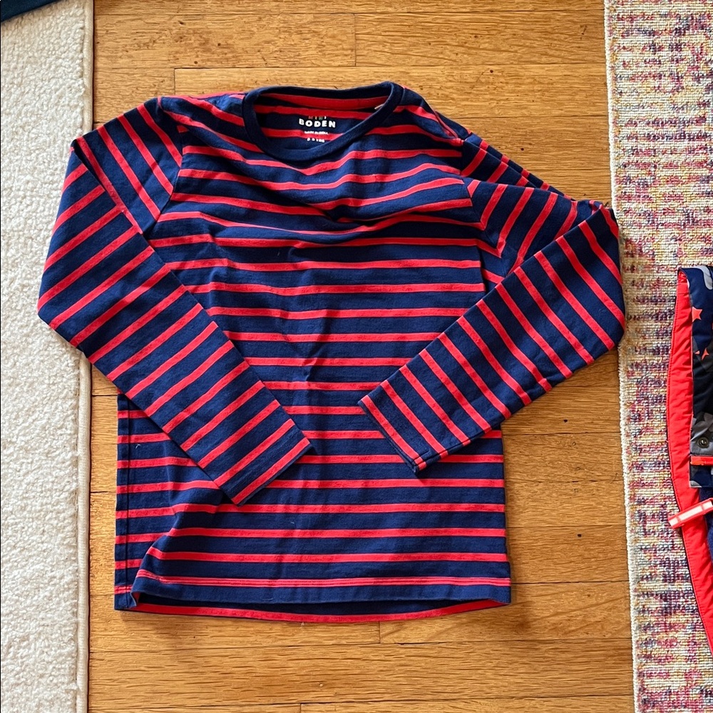 Mini Boden Navy and Red Striped Long Sleeve Tee